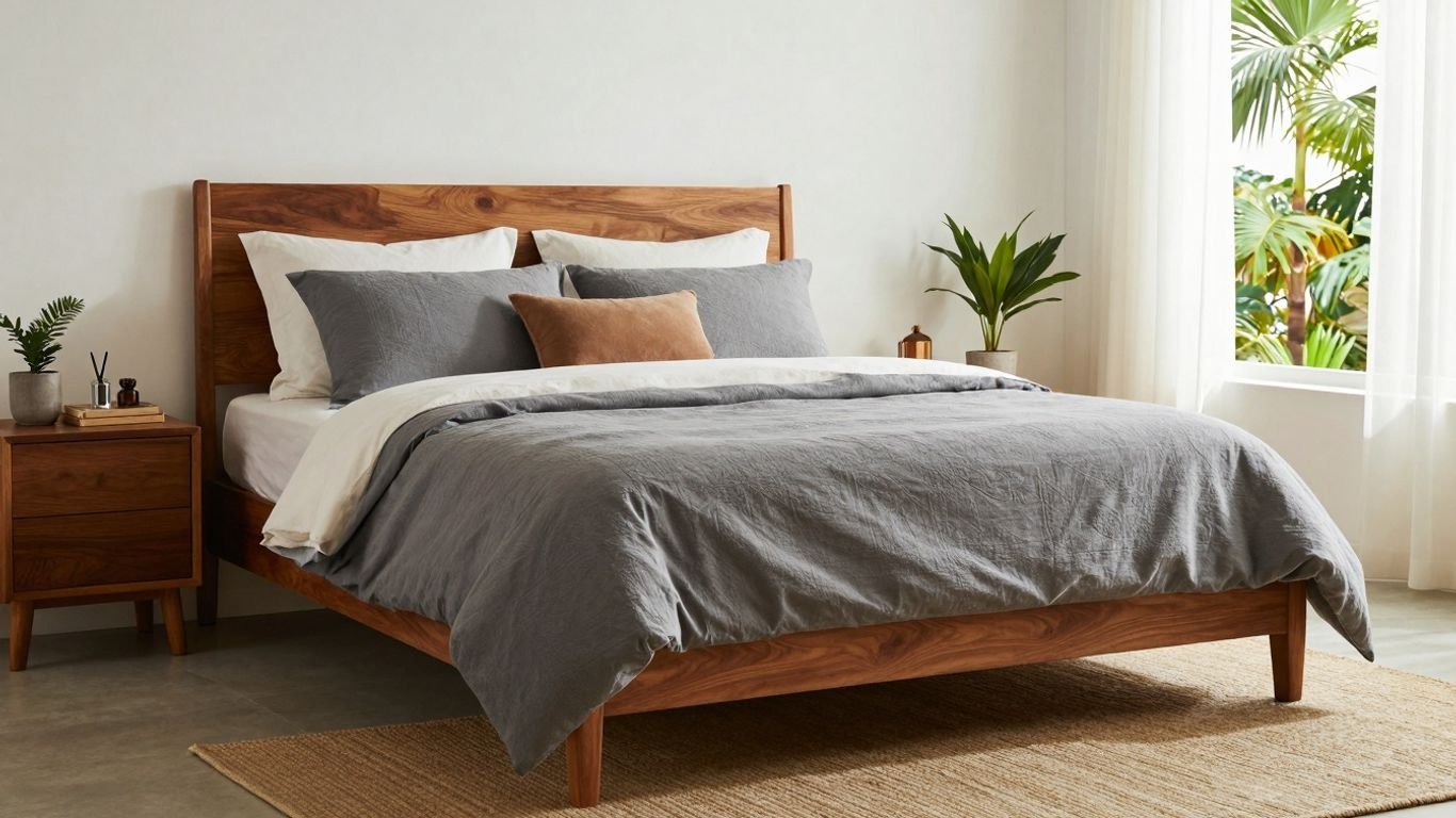 Serene Sri Lankan bedroom with custom bed and natural light.