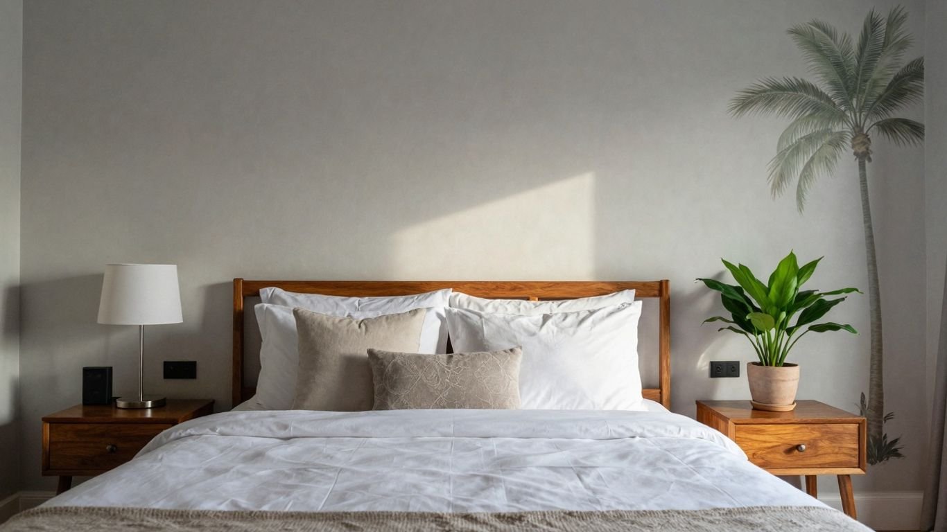 Serene Sri Lankan bedroom interior with plush bed and natural light.